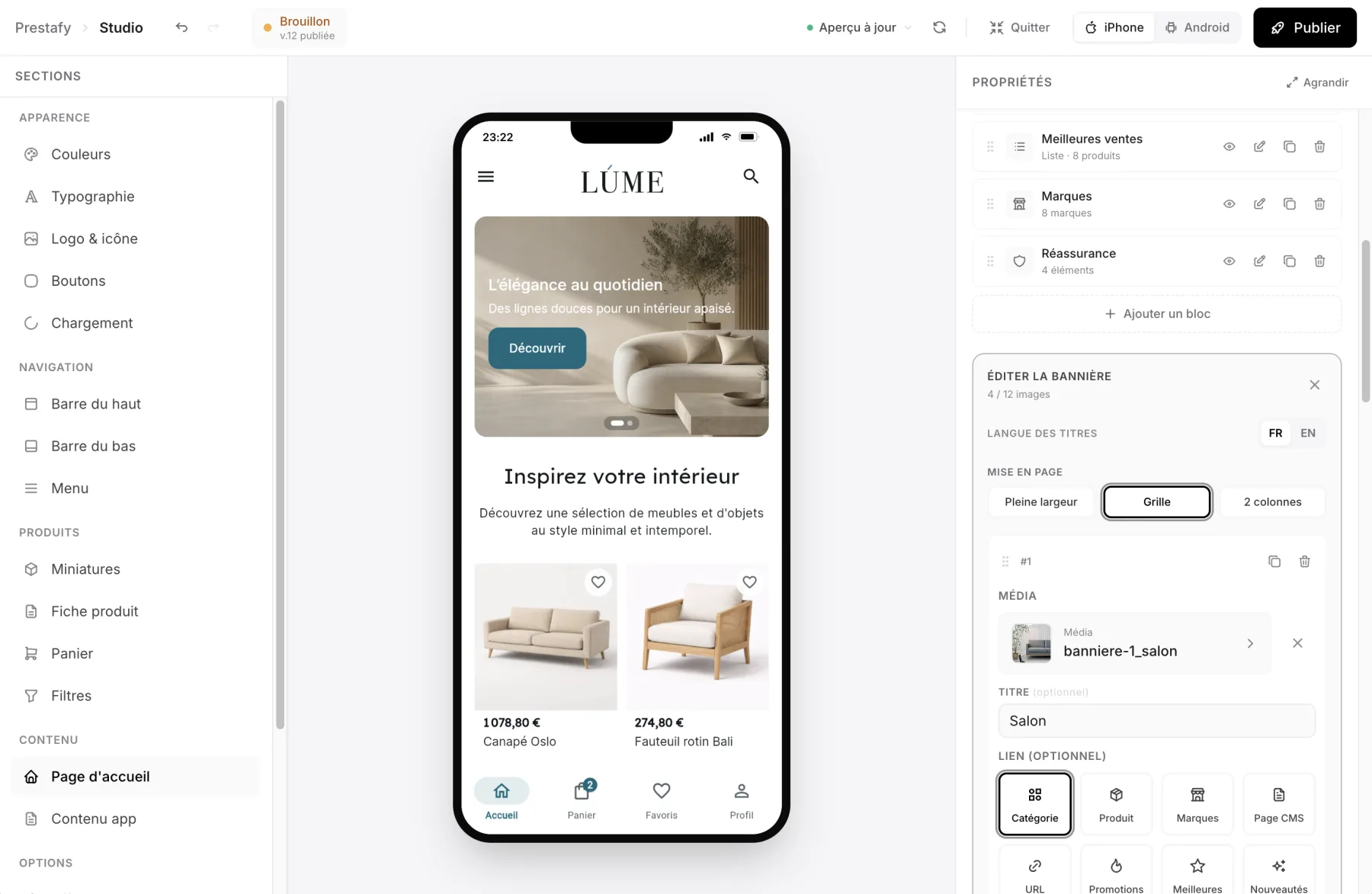 Le Studio Prestafy : la page d'accueil de l'application, composée bloc par bloc.
