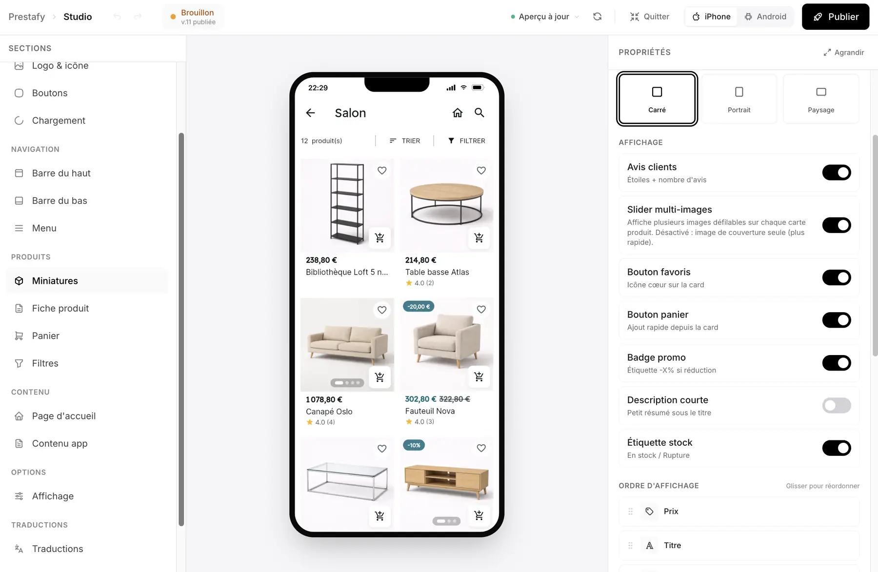 Le Studio Prestafy : les réglages de la liste de produits de l'application.